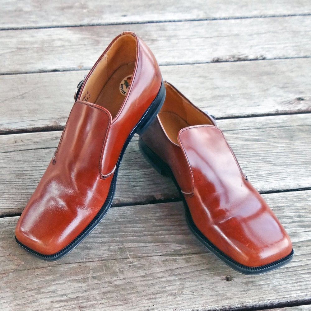 Vintage Buster Brown Boy's Leather Cognac Slide on Shoes with Buckle Size 4.5